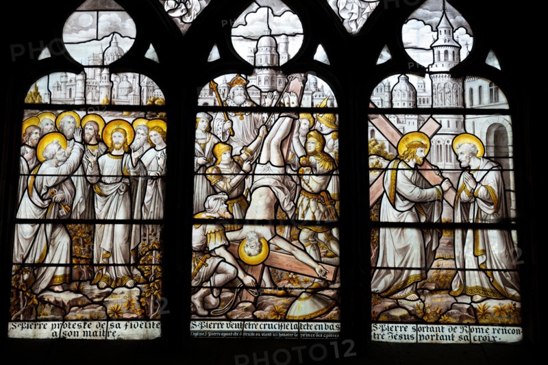 Stained glass window depicting the death of Christ,  Beaune cathedral, France.