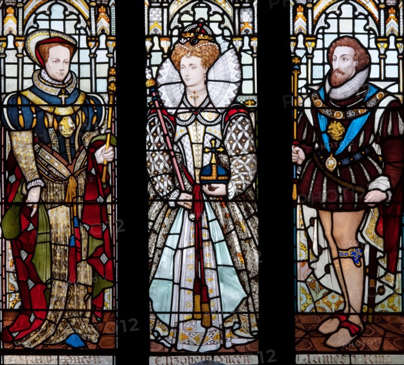 16th and 17th century Monarchs depicted by Heaton, Butler and Bayne (1871) in the Great Hall, Rochdale Town Hall, Greater Manchester, UK