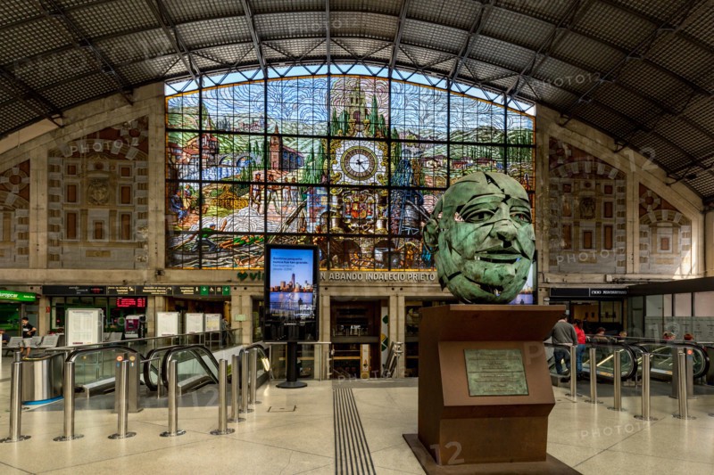 Sculpture and colorful stained glass window, Bilbao-Abando Railway Station ,Basque Country, Bilbao,Spain