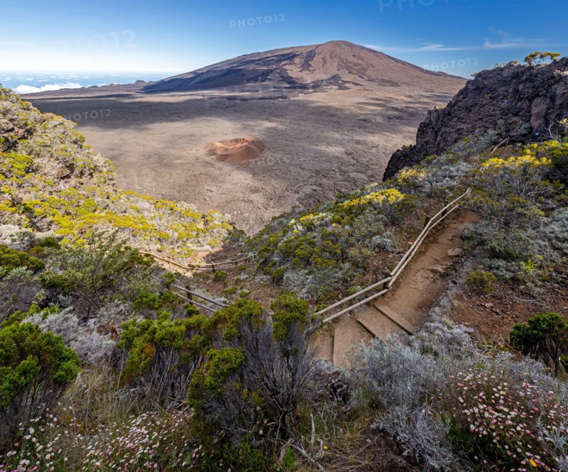 Hiking trail into the Caldeira of volcano Piton de la Fournaise at island La Reunion