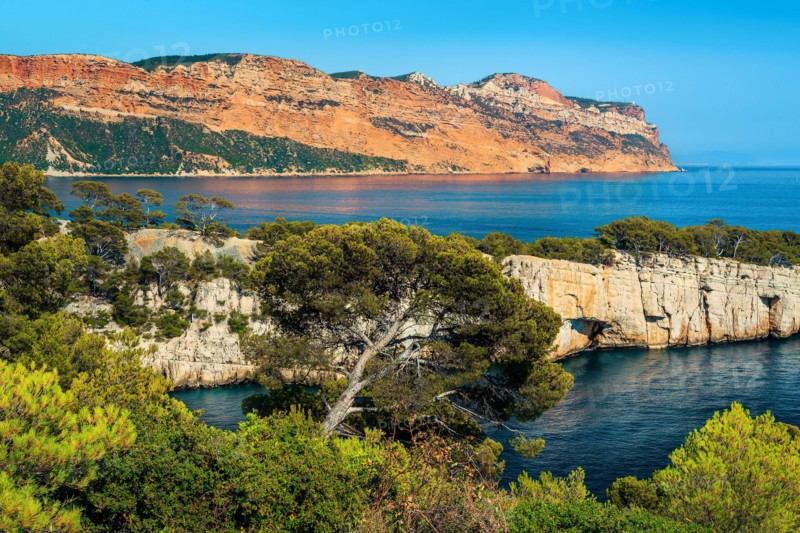 Amazing hiking place, beautiful viewpoint on the cliffs, Calanques de Port Pin bay with spectacular water bay, Calanques National Park near Cassis, Pr