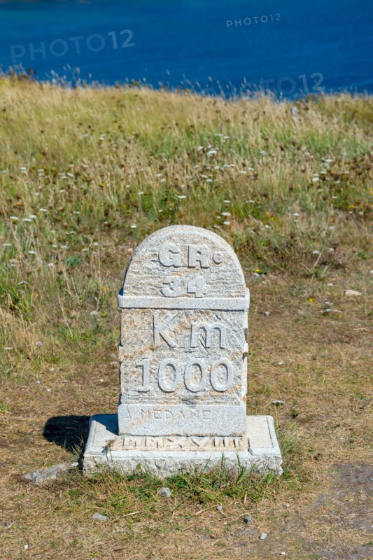 Hiking trail GR34 sign at the Pointe de Pen-Hir, a cape on Crozon peninsula in Finistère, Brittany, France