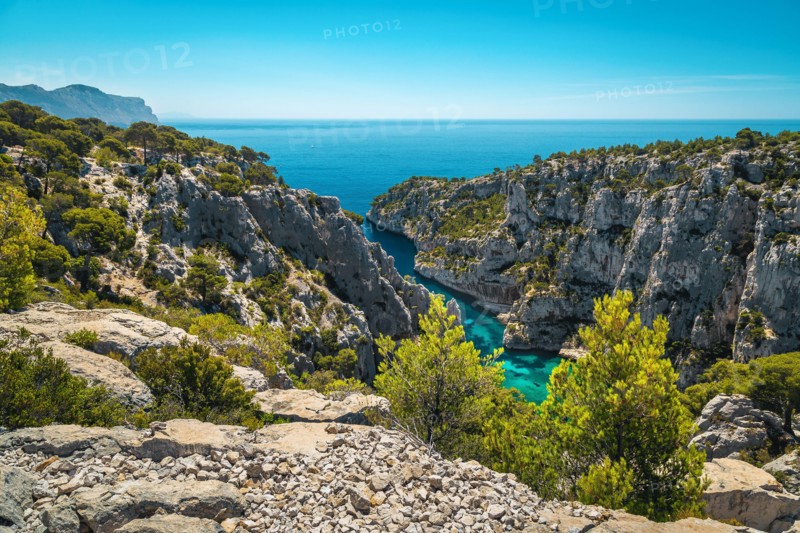 Stunning view from the hiking trail with Calanques D'En Vau bay, Calanques National Park, Cassis, Bouches-du-Rhone, South France, Europe