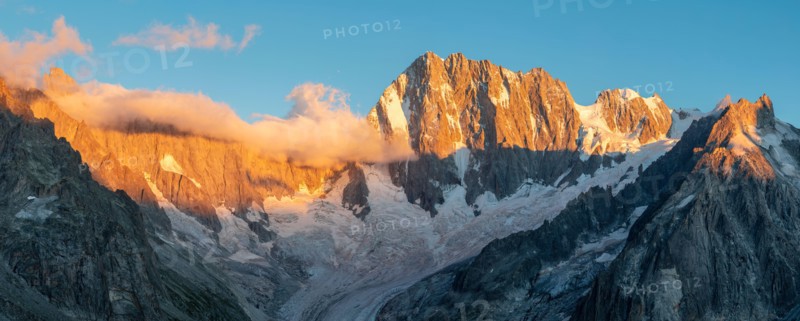 The panorama of Grand Jorasses massif in the sunset light.