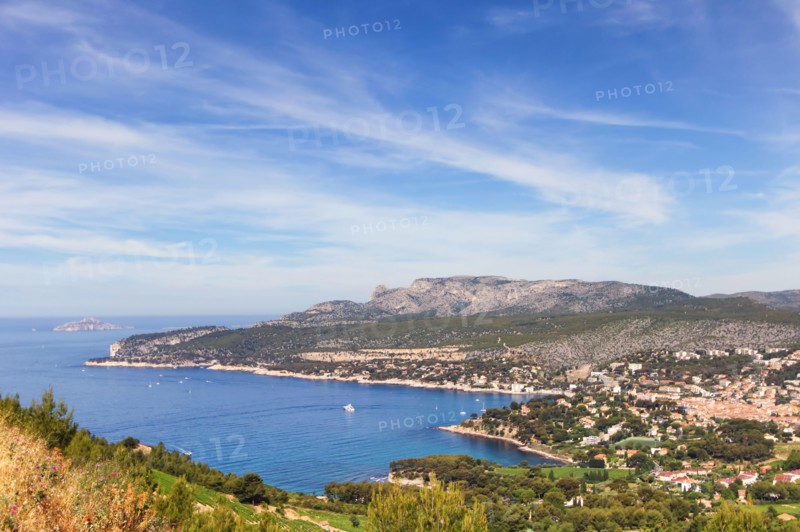 Scenic view over fisher village Cassis in Southern France from limestone formation The Calanques of Marseille