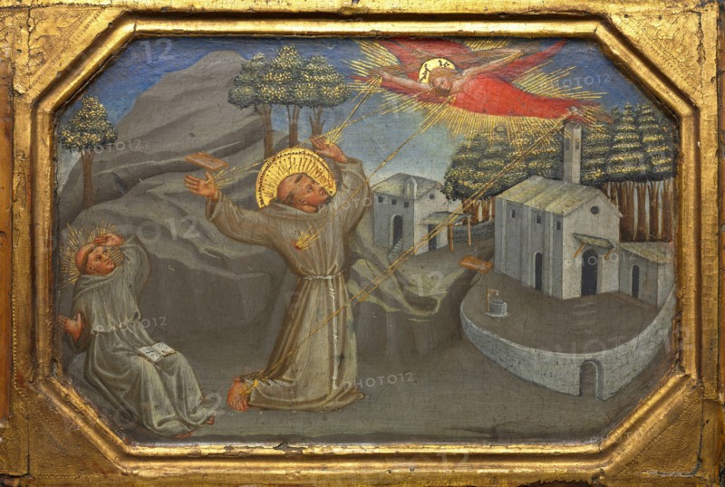 Francis of Assisi, Francis, Giovanni di Pietro di Bernardone, 1181 or 1182 to 3 October 1226, the founder of the Order of Friars Minor, Ordo fratrum minorum, Franciscans, Francis Receives the Stigmata, 1430, by Bicci di Lorenzo, Italy, Historic, digitally restored reproduction from a 19th century original  /  Franz von Assisi, Franziskus, Giovanni di Pietro di Bernardone, 1181 oder 1182 bis 3. Oktober 1226, der Begründer des Ordens der Minderbrüder, Ordo fratrum minorum, Franziskaner, Franz empfängt die Stigmata, 1430, von Bicci di Lorenzo, Italien, Historisch, digital restaurierte Reproduktio