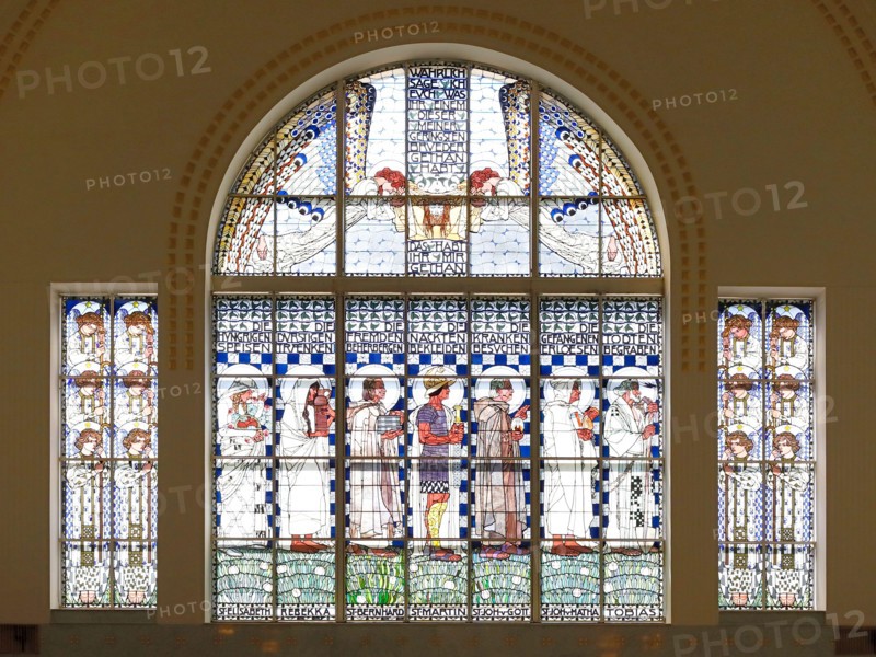 Stained glass window depicting Christian ideas and teachings in the Church of St. Leopold am Steinhof, Vienna