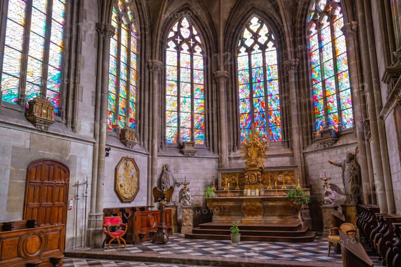 ABBEVILLE, SOMME, FRANCE, JUNE 18, 2023 :  details of stained glasses windows in Saint Sepulcre church, by Alfred Manessier workshop, year 1989  to 19