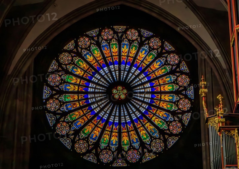Strasbourg, France - June 3, 2023: Ornate stained glass rose window and organ in the beautiful Gothic cathedral of the Notre Dame, historic center
