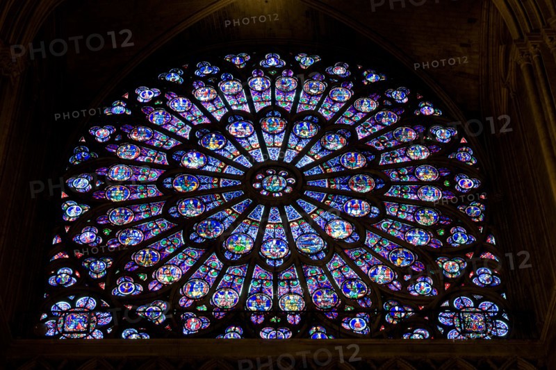 View of Stained Glass window from inside Notre Dame de Paris