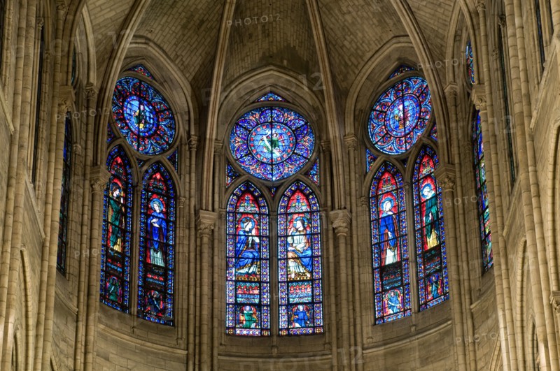 View of Stained Glass windows from inside Notre Dame de Paris