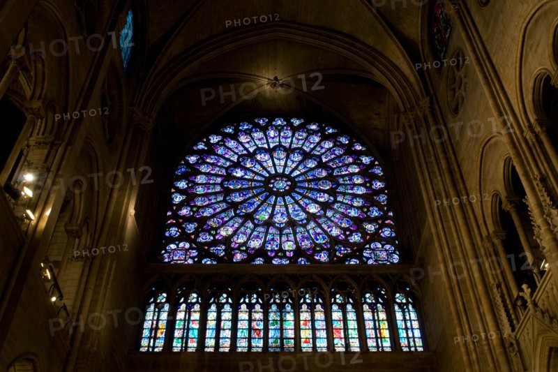 View of Stained Glass window from inside Notre Dame de Paris