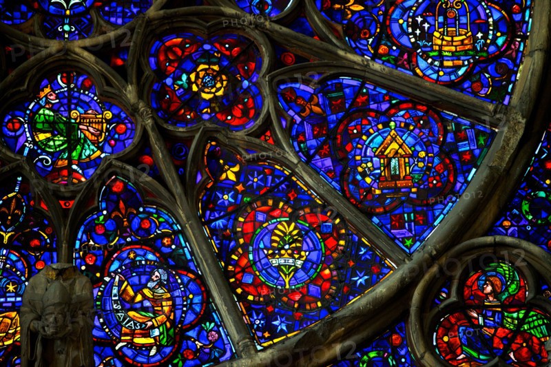 Close-up of stained glass Rose window above the main portal at the West End of Cathedrale Notre Dame de Reims