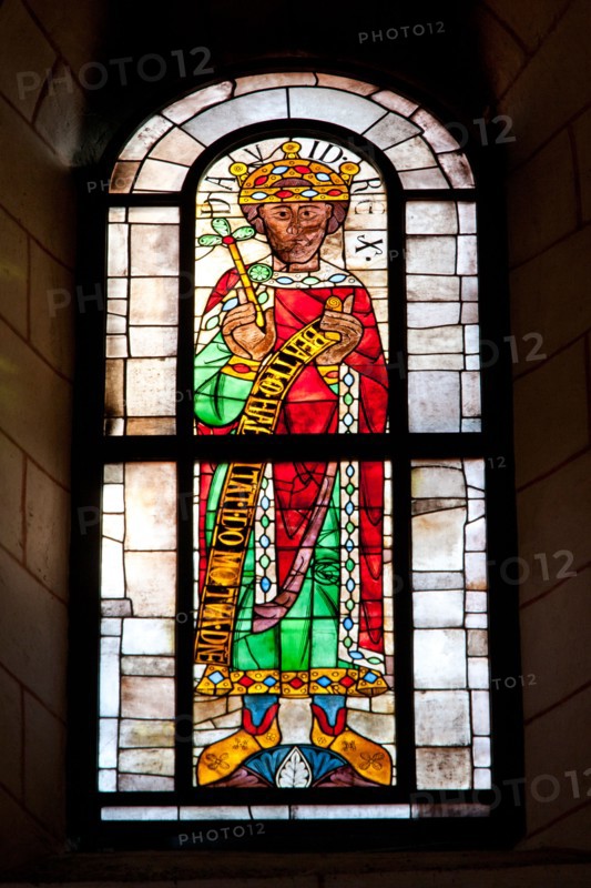 FAMOUS GLASS PANE SHOWING KING DAVID, AUGSBURG CATHEDRAL, UNSERER LIEBEN FRAU CHURCH, AUGSBURG, BAVARIA, GERMANY