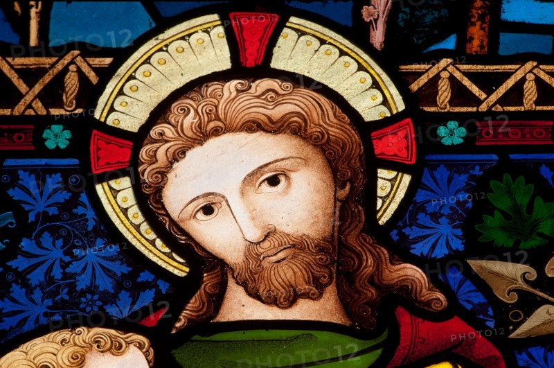Christ stained glass, St. James Church, Newbottle, Northamptonshire, England, UK