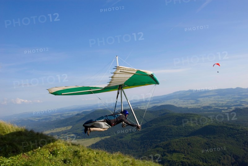 at Puy de Dome  and view onto the volcanic landscape Chaine des Puys', France, Auvergne