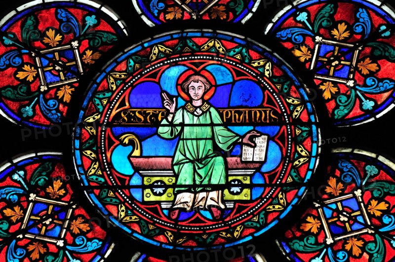 Paris, France. Notre Dame cathedral. Stained glass window. St Stephen / Stephanus