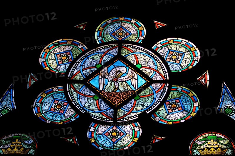 Stain glass window detail in Notre Dame Church, Paris