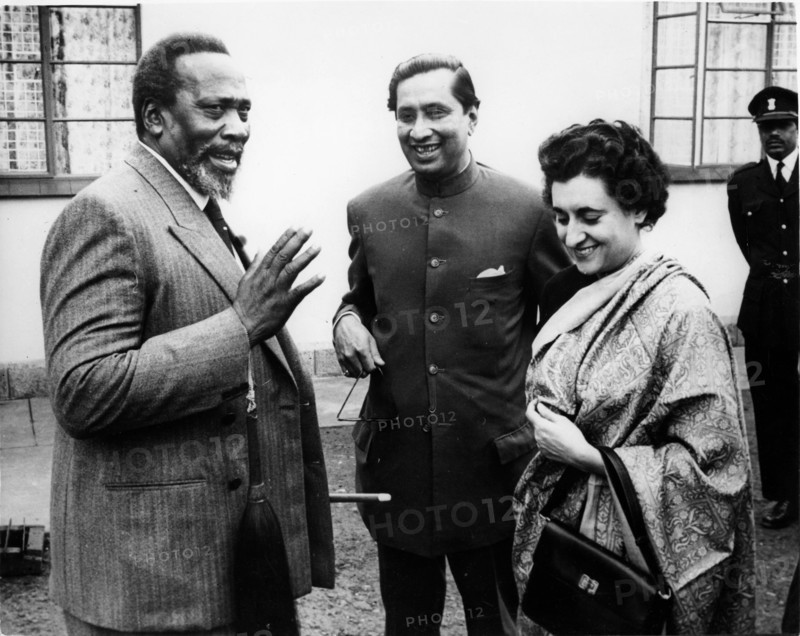 Indira Gandhi chatting with Jomo Kenyatta on his visit to India