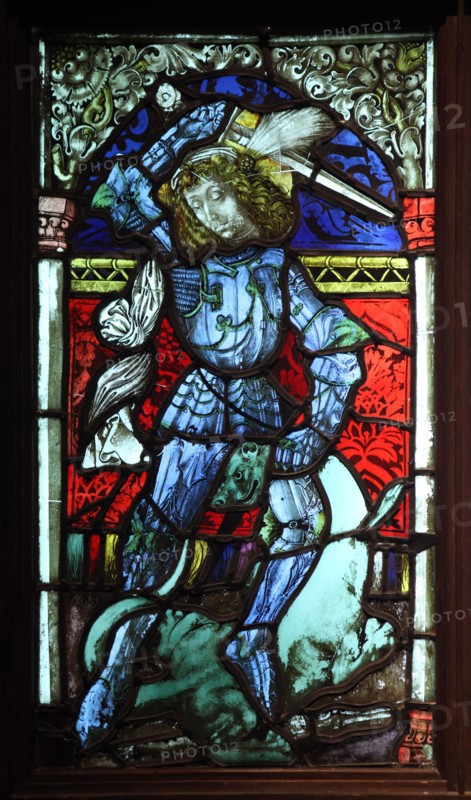 Saint George. Gothic stained glass window from 15th century. Krivoklat Castle, Czech Republic. Exhibition 'Castles and Chateaux: Rediscovered and Celebrated' at the Prague Castle Riding School in Prague, Czech Republic.