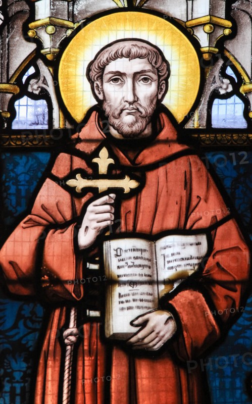 STABROEK, BELGIUM - JUNE 27, 2015: Stained glass window depicting Saint Francis of Assisi in the Church of Stabroek, Belgium.