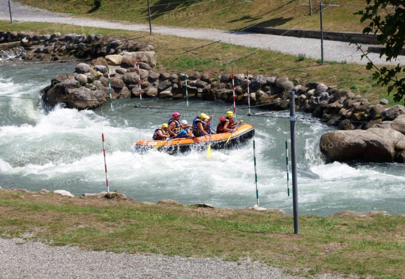 White water rafters at artificial slalom course in Pau, France