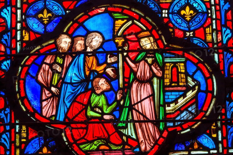 Queen With Followers Medieval Life Stained Glass Saint Chapelle Paris France.  Saint King Louis 9th created in 1248