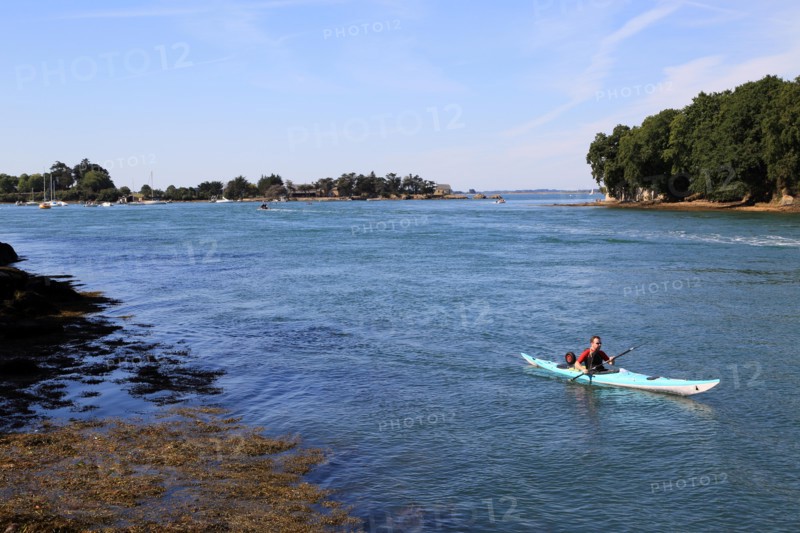 Man kayaking on golfe du morbihan from Le Port, Port Anna, Sene, Vannes, Morbihan, Brittany, France