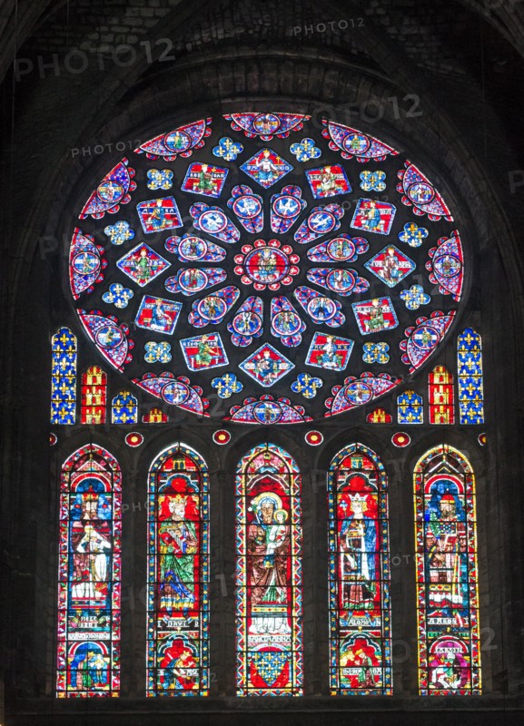 Stained glass within the rose window  in the north transept of Chartres cathedral,  Eure-et-Loir, France, Europe