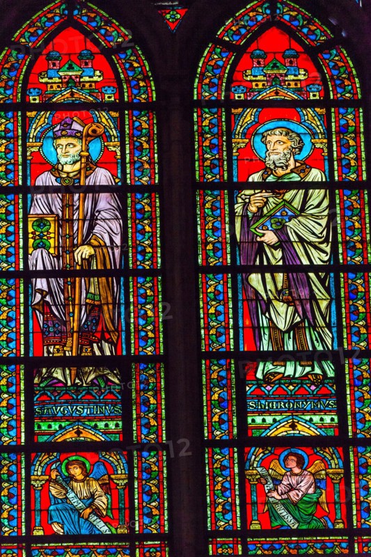 Saints Augustus Bishop Angels Stained Glass Notre Dame Cathedral Paris France.  Notre Dame was built between 1163 and 1250 AD.