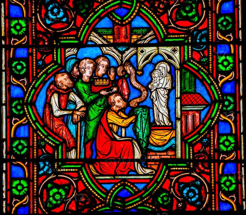 Worshiping Virgin Mary Jesus Christ Stained Glass Notre Dame Cathedral Paris France.  Notre Dame was built between 1163 and 1250