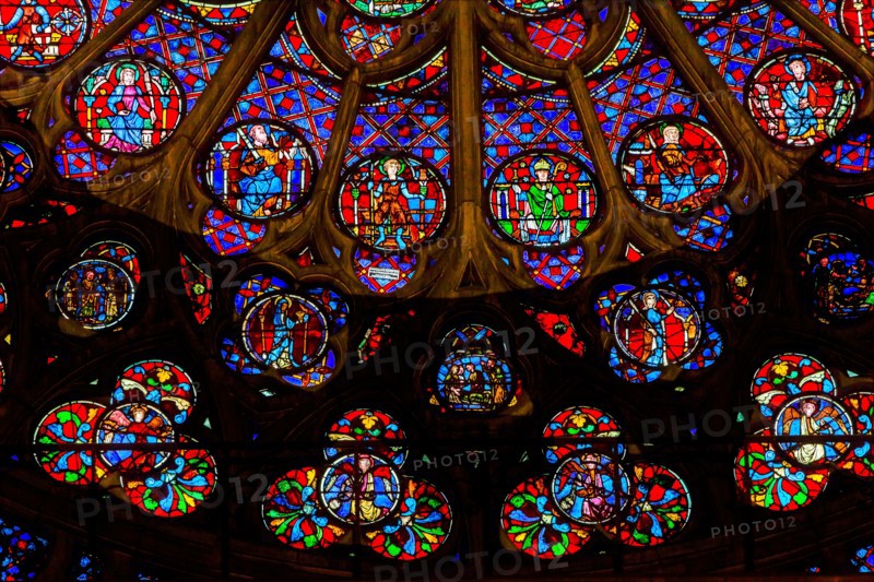 South Rose Window VJesus Disciples Stained Glass Notre Dame Cathedral Paris France.  Notre Dame was built between 1163 and 1250