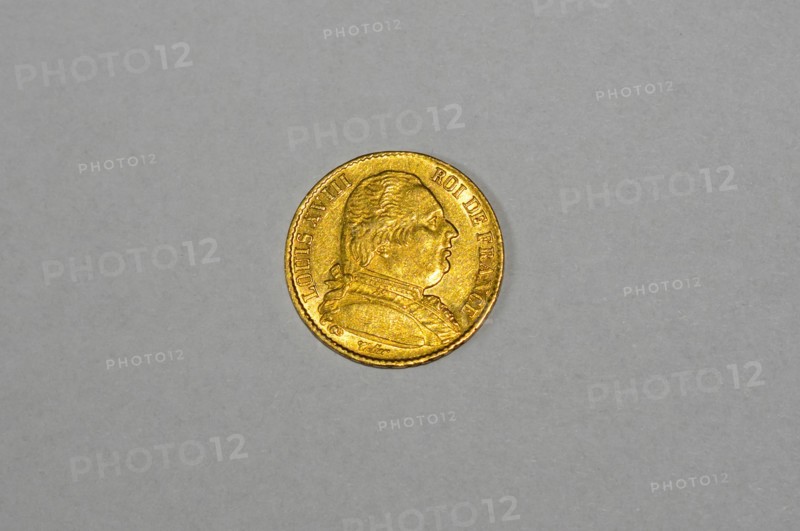 Early 19th century French 20 Francs gold coin. Obverse side featuring the profile of King Louis XVIII.