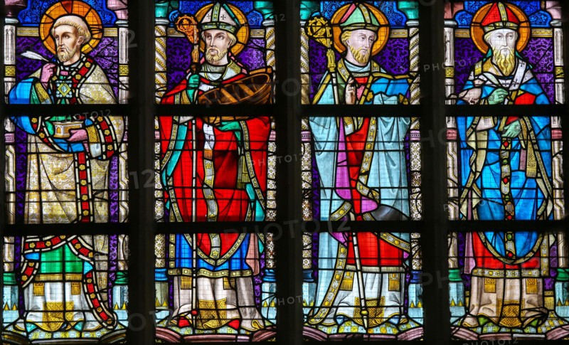 Stained Glass window in St Gummarus Church in Lier, Belgium, depicting the Orthodox Church Fathers
