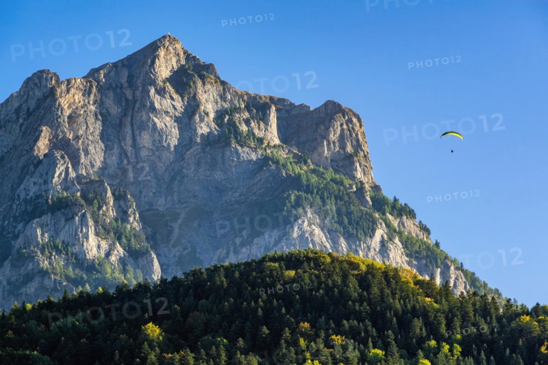 Paragliding at the Grand Morgon (Pic de Morgon) in Summer. Serre Poncon Lake, Savines-le-Lac, Hautes Alpes, France