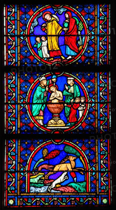 Stained Glass in Notre Dame Cathedral of Paris depicting scenes in the Life of Saint Joseph, husband of Mary, Mother of Jesus