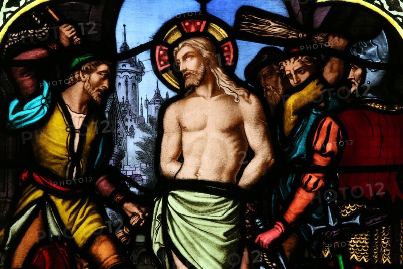 St Paul church. Stained glass window. The Flagellation of Christ.  Lyon. France.