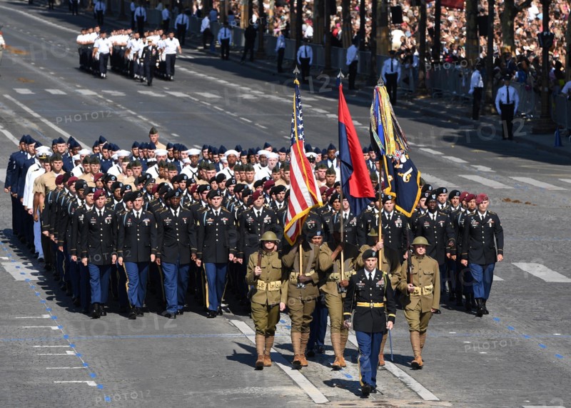 U.S. soldiers, sailors, marines and airmen assigned to units in Europe march down the Champs Élysées during the annual Bastille Day military parade July 14, 2017 in Paris, France. U.S. President Donald Trump was the guest of honor of French President Emmanuel Macron for the event marking the 100th anniversary of the U.S. entry into World War I.