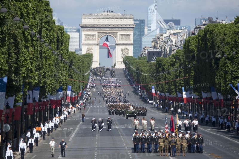 U.S. soldiers, sailors, marines and airmen assigned to units in Europe march down the Champs Élysées during the annual Bastille Day military parade July 14, 2017 in Paris, France. U.S. President Donald Trump was the guest of honor of French President Emmanuel Macron for the event marking the 100th anniversary of the U.S. entry into World War I.