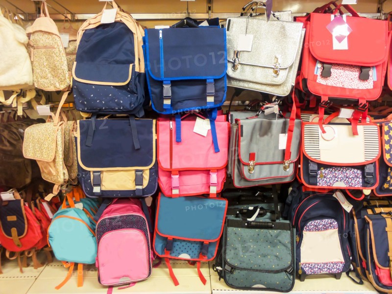 School bags in a supermarket, back to school concept