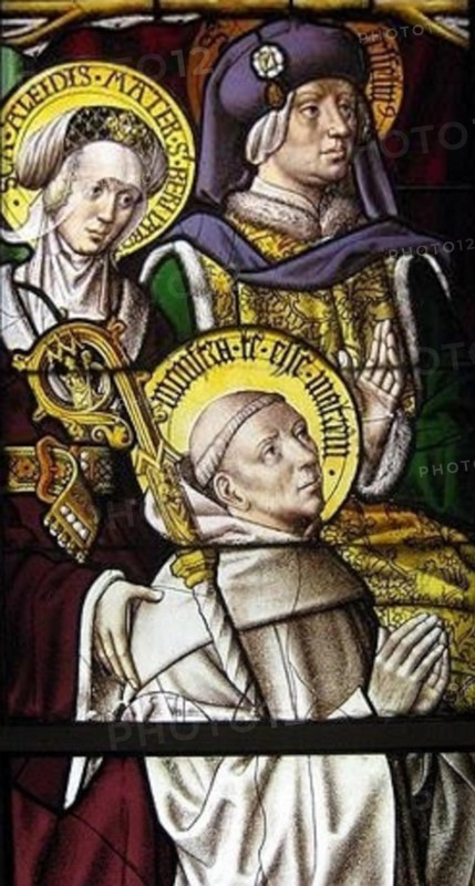 . English: Stained glass window, originally from Cistercian abbey Mariawald, representing Saint Bernard of Clairvaux with his parents Aleth (Aleidis) and Tescelin (Tesselinus); inscriptions of the nimbusses: SCA ALEIDIS MATER S BERNARDI / S TESSELINUS / MONSTRA TE ESSE MATREM (prayer of St Bernard to the Virgin) . between 1505 and 1508. Unknown 81 Bernard Aleidis Tescelin