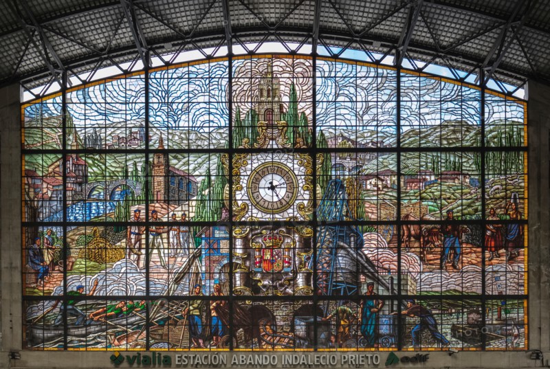 Stained glass mural in the Bilbao-Abando Railway Terminal Station; Bilboa, Vizcaya, Pais Vasco, Spain