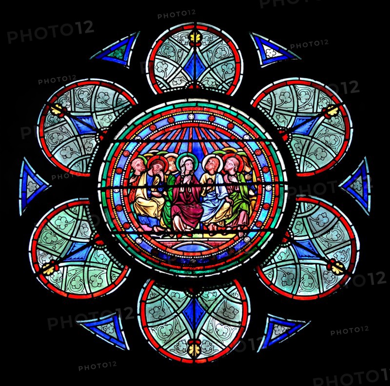 Paris, France. Notre Dame cathedral / Notre-Dame de Paris on Isle de la Cite. Stained glass window