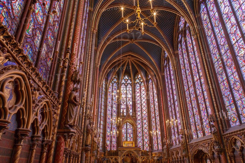 Stained glass windows inside the Sainte Chapelle a royal Medieval chapel in Paris, France.