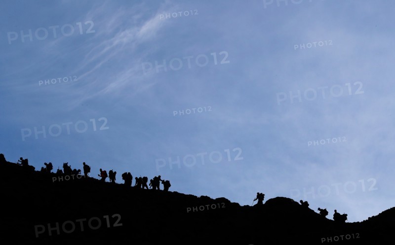 Alpinists during the ascent of Mont Blanc along the regular route via Gouter Refuge.   France.