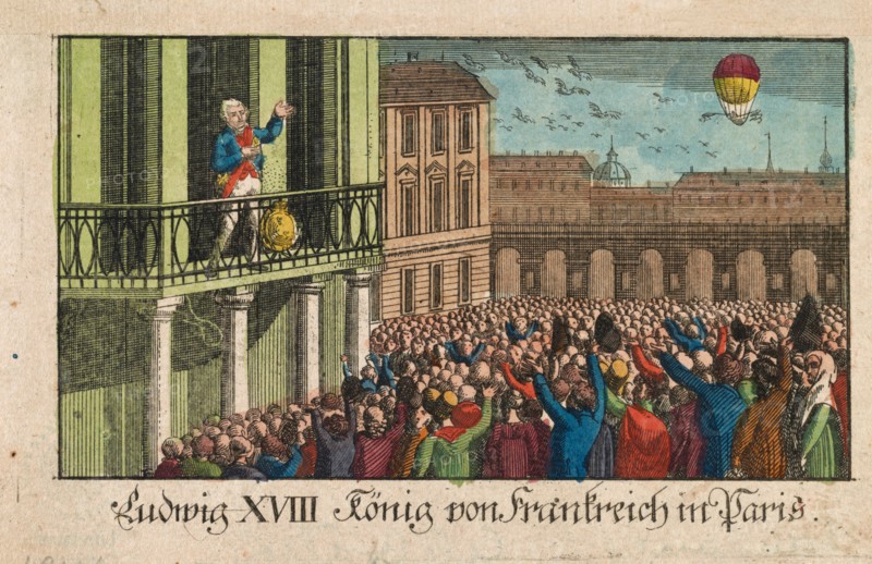 Print shows Madame Madeleine Sophie Blanchard in balloon above Pont Neuf, Paris, May 3, 1814, waving a flag in each hand to greet King Louis XVIII and the Queen on their return to Paris following the abdication of Napoleon. The King and Queen are seated in a carriage drawn by eight horses, escorted by cavalrymen.