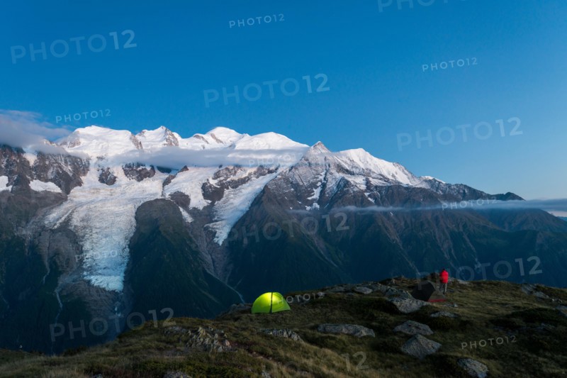 WIld camping on the GR5 trail or Grand Traverse des Alps near Refuge De Bellachat with views of the Mont Blanc, Chamonix, French Alps, France