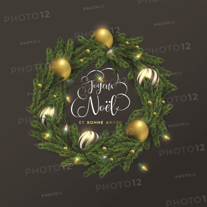 Merry Christmas Happy New Year greeting card illustration of 3d holiday wreath with gold bauble ornaments and lights in french language. Festive xmas