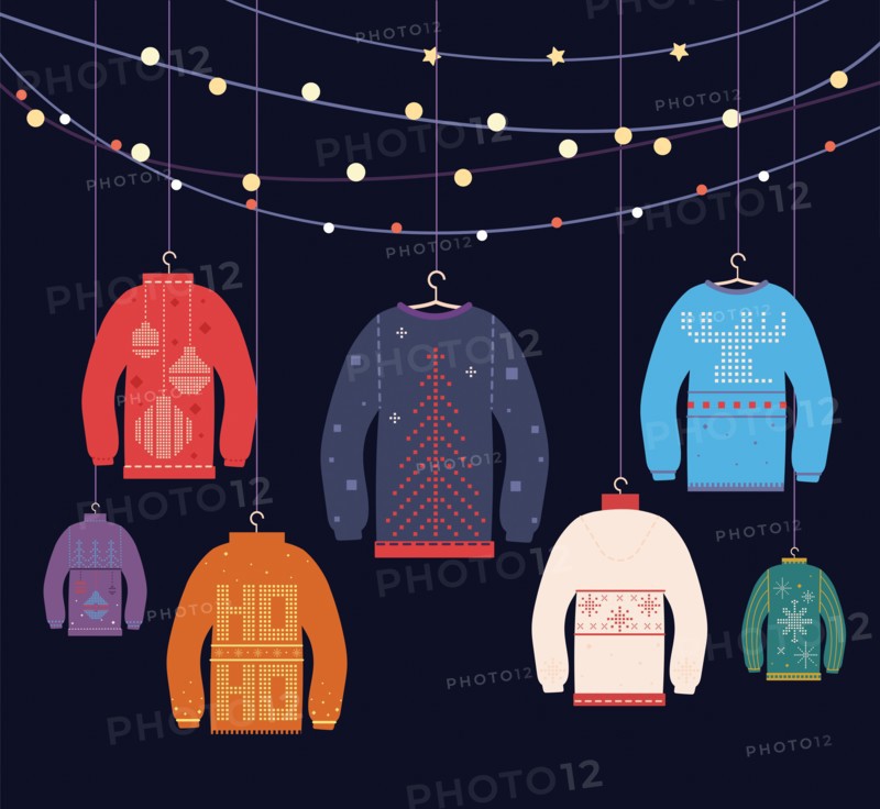 Ugly sweater. Christmas sweaters with different cute prints and ornaments, new years party greeting card decor, vector dark blue background