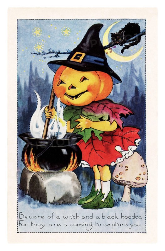 Vintage Halloween greeting card / postcard. Early 1900s. A pumkin with a kettle. A black cat in the background.